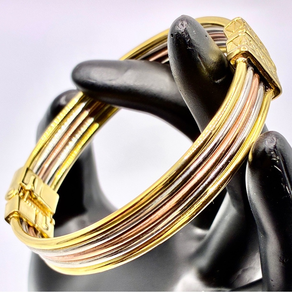 Vintage Tri Colored Clamper, Cuff Bracelet in Gold, Silver & Rose Tone 7” Inches